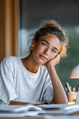 Teenage girl studying at a home desk with books and stationery, wearing a simple T-shirt and shorts, captured in a calm, authentic everyday learning atmosphere