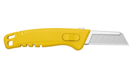 Yellow box cutter PNG isolated on transparent background, utility knife with retractable blade for cutting cardboard and paper