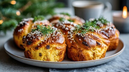 Swedish saffron buns (lussekatter) with golden saffron dough and raisins, styled in a modern Nordic minimal layout with a festive Christmas dinner table softly blurred in the background