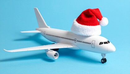 White airplane model wearing red Santa hat on blue background, creative holiday travel concept, minimalist style, soft studio lighting, playful festive mood, clean composition