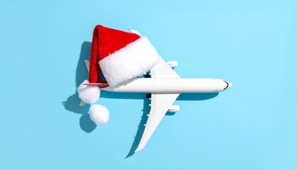 White airplane model wearing red Santa hat on blue background, creative holiday travel concept, minimalist style, soft studio lighting, playful festive mood, clean composition