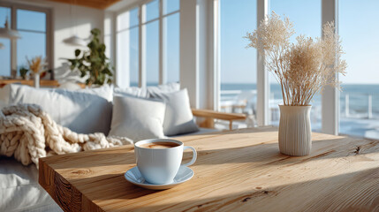 Sunlight casting soft shadows on a simple wooden table with everyday objects, calm minimal mood, clean composition emphasizing quiet moments and natural light