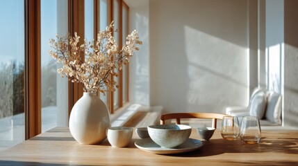 Sunlight casting soft shadows on a simple wooden table with everyday objects, calm minimal mood, clean composition emphasizing quiet moments and natural light