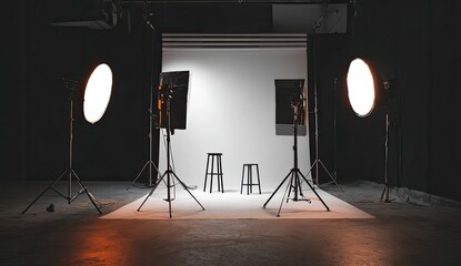 Studio with lighting, stools, and white backdrop