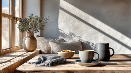 Sunlight casting soft shadows on a simple wooden table with everyday objects, calm minimal mood, clean composition emphasizing quiet moments and natural light