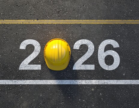 Sarı koruyucu kask ve gri asfalt zeminli, yaratıcı 2026 Yeni Yıl tasarım şablonu. M&uuml;hendislik, lojistik veya yol yapımı i&ccedil;in 3 boyutlu render ill&uuml;strasyon

