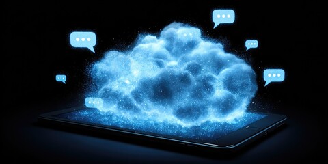 Glowing digital cloud emerging from a tablet, surrounded by message bubbles, against a black background
