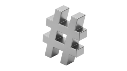Silver hashtag symbol isolated PNG on transparent background, social media sign for web design and marketing