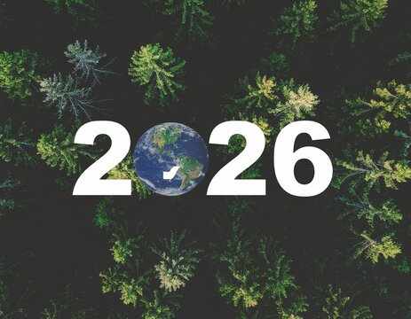 Yeşil ormanın havadan g&ouml;r&uuml;n&uuml;m&uuml;, 2026 ve D&uuml;nya simgesiyle &ccedil;evre bilinci, s&uuml;rd&uuml;r&uuml;lebilirlik hedefleri ve iklim değişikliği eylemi, mutlu yeni yıl ve &ccedil;evre g&uuml;n&uuml;, net sıfır karbon azaltımı i&ccedil;in sembolik b