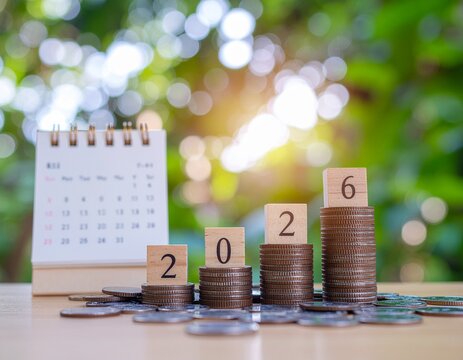 Takvim ve tahta bloklarla oluşturulmuş 2026 rakamı ile madeni para yığınları, hedef finansal b&uuml;y&uuml;me, para tasarrufu i&ccedil;in yatırım planlaması, iş hedefleri konseptini temsil ediyor. B&uuml;t&ccedil;e ve vergi, Mutl