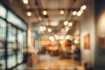 Warmly lit interior with soft focus, glowing overhead lights, and glass walls