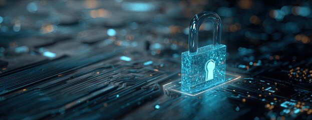 Glowing digital padlock icon on a circuit board, symbolizing security and protection