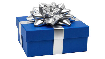 Obraz premium Royal blue gift box with silver ribbon and bow isolated PNG, present for birthday celebration or special occasion on transparent background