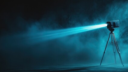 Projector beam illuminates hazy atmosphere, casting a bright light on a tripod