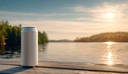 Empty aluminum beverage container resting on a wooden dock by a lake