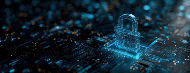 A glowing blue digital padlock sits on a circuit board, hinting at data security and protection