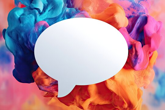 A white speech bubble floats over vibrant, swirling colored inks in a dynamic abstract background - Powered by Adobe