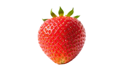 Fresh red strawberry isolated PNG on transparent background, ripe fruit with green stem for healthy eating and summer dessert