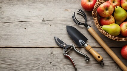 Autumn harvest bounty with fresh apples, pears, and gardening tools on a rustic wooden background, symbolizing nature's seasonal yield