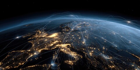 Earth at night from space with glowing light networks connecting continents