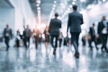 Fototapeta premium Blurred modern hallway filled with people in suits