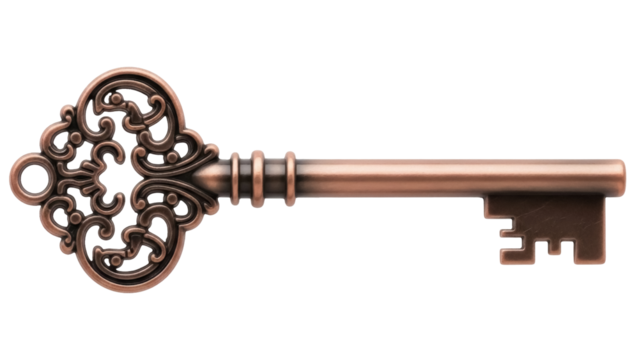 Ornate antique key PNG isolated on transparent background, vintage bronze skeleton key for design elements and historical themes - Powered by Adobe
