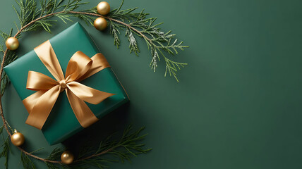 a green gift box with gold ribbon