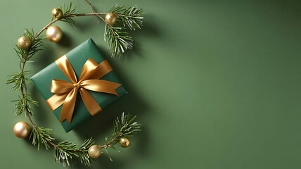 a green gift box with gold ribbon