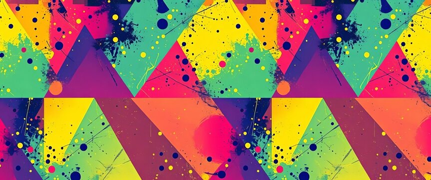 Abstract seamless geometric pattern featuring triangles, dots, and paint splashes in a hipster aesthetic, retro, design - Powered by Adobe