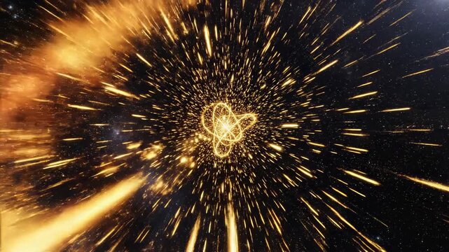 Continuous looping shot of bright yellow and orange light trails zipping and streaking through space following wildly erratic and complex nonlinear trajectories abstractbackground, dark, glowing
