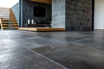 Modern living room interior with dark gray tile floor and wooden accents, sleek entertainment area with TV and decorative items on a shelf
