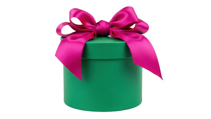 Green round gift box with pink bow isolated PNG, present for birthday or Christmas celebration on transparent background