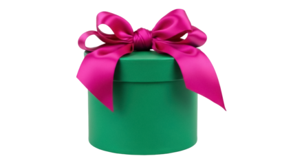 Green round gift box with pink bow isolated PNG, present for birthday or Christmas celebration on transparent background