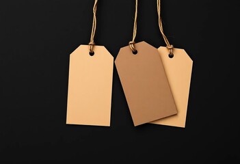 Blank black cardboard tags with string, isolated on black background,  label,  black