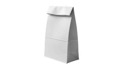 Blank white paper bag isolated PNG, empty lunch sack for food packaging and takeaway Simple grocery bag mockup on transparent background