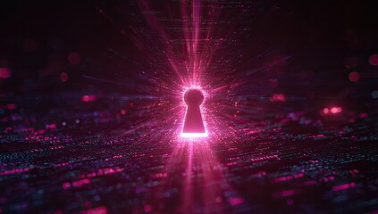 Digital keyhole radiates bright light, emanating from data-like background