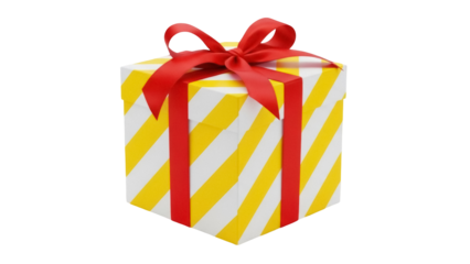 Yellow and white striped gift box with red ribbon isolated PNG, present for birthday or Christmas celebration on transparent background