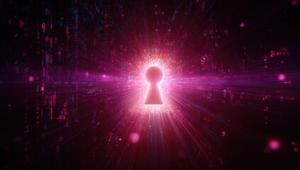 Digital keyhole glows with light, surrounded by futuristic binary code particles