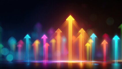 Colorful neon arrows ascend into darkness, symbolizing growth and progress