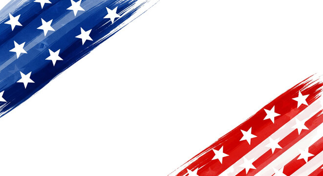 A transparent background with an isolated, watercolor-brushed design featuring patriotic American flag motifs, stars, and stripes at the corners. An ideal decorative design for the 4th of July and nat