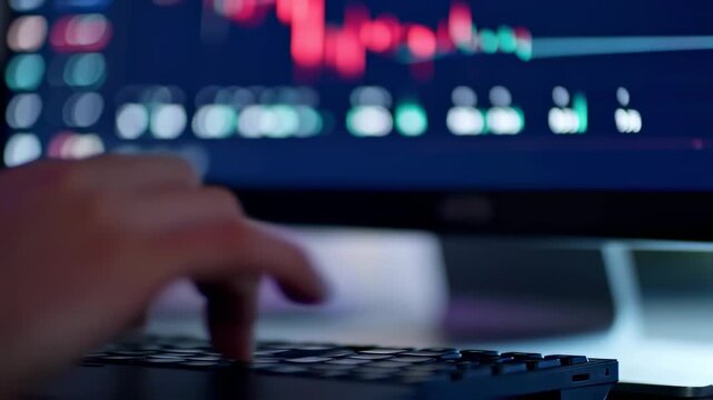 Close-up of hands typing on a black keyboard with a blurred monitor displaying data