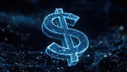Glowing blue network dollar sign against dark, sparkling background