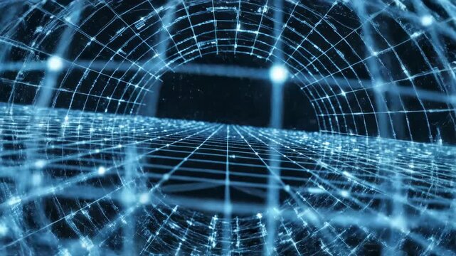 Digital futuristic grid structure slowly fading through variable opacity levels in a dark technological void environment system, smooth animation, background element