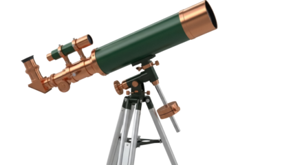 Green and copper telescope isolated PNG, astronomical instrument for stargazing and space exploration on transparent background