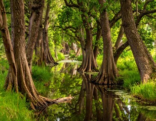 Fototapeta premium Lush forest scene with trees lining a tranquil stream