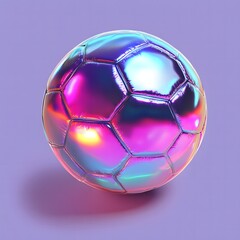 Naklejka premium Iridescent soccer ball casts a soft shadow on a solid lilac background.