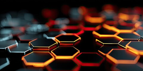 Close-up of black hexagonal tiles with a glowing orange and red edge effect against a dark background