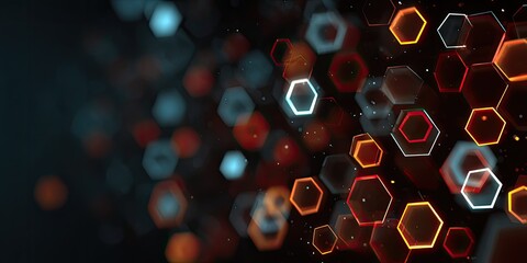 Glowing, geometric shapes, forming a dynamic pattern against a dark, blurred background, with a bokeh effect