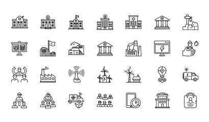 Simple web outline icons set of social and economic sectors isolated on white