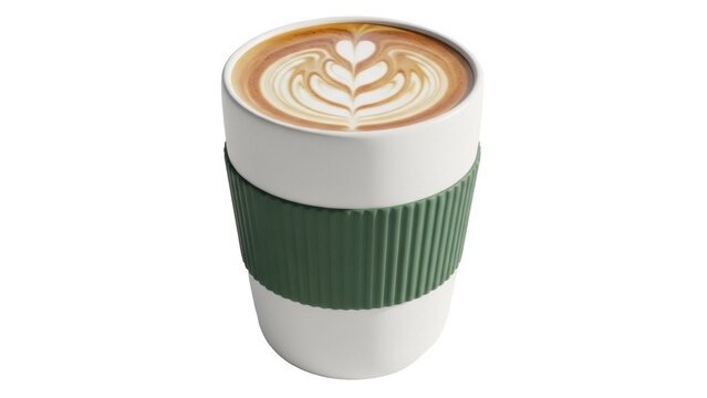 Latte art in a reusable cup isolated PNG, coffee drink with heart design on transparent background, sustainable beverage